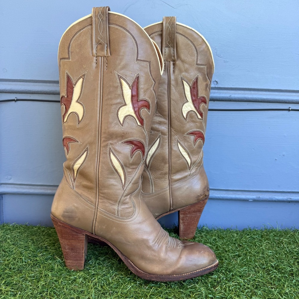 Vtg 80s Dan Post Leather Western Flower Cowboy Boots Womens 7 M Inlay Block Heel - Picture 8 of 11